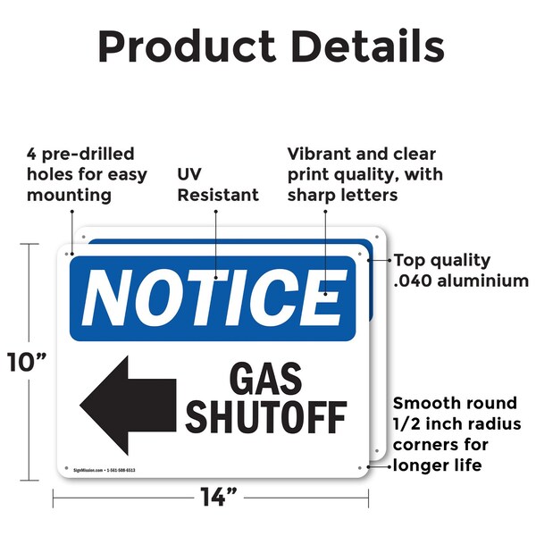 Gas Shutoff Left Arrow OSHA Notice Sign, Aluminum, 14in W X 10in L, 2PK